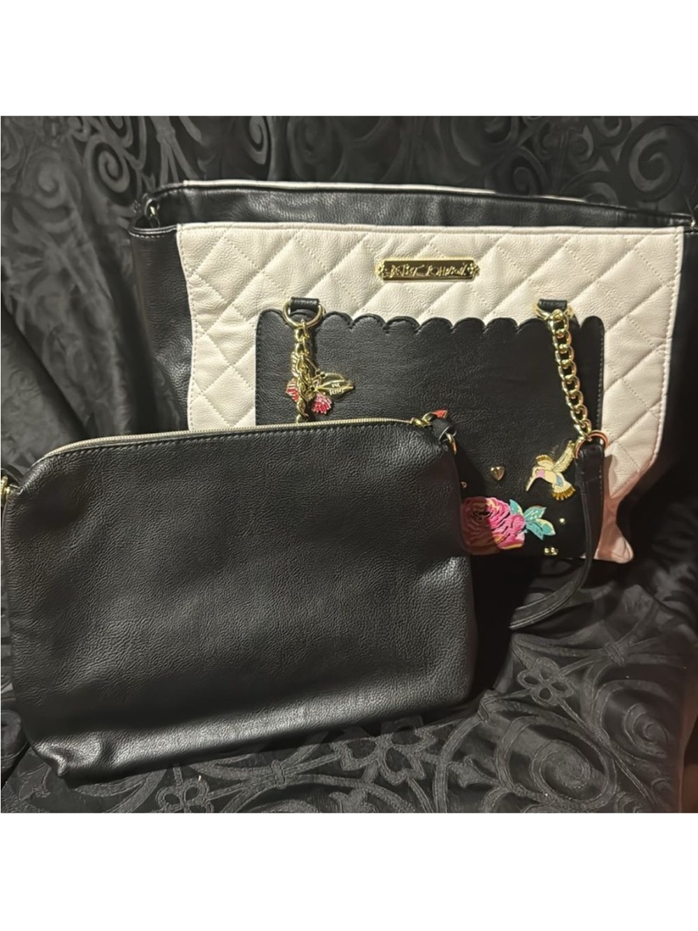 Black & White Tote Bag with Floral Embroidery - Picture 5 of 15